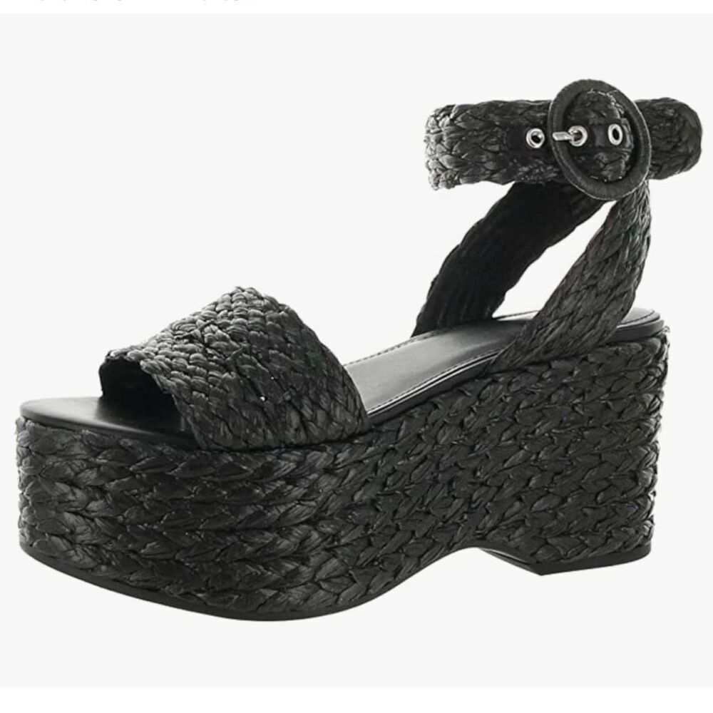 MARC FISHER | Marcell Braided Platform Sandal Black Espadrille Ankle Strap | 6.5